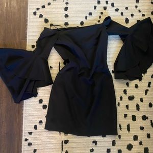 MILLY Luna Italian Cady Off-the-Shoulder Bell Sleeve Ruffle BLACK Shift Dress